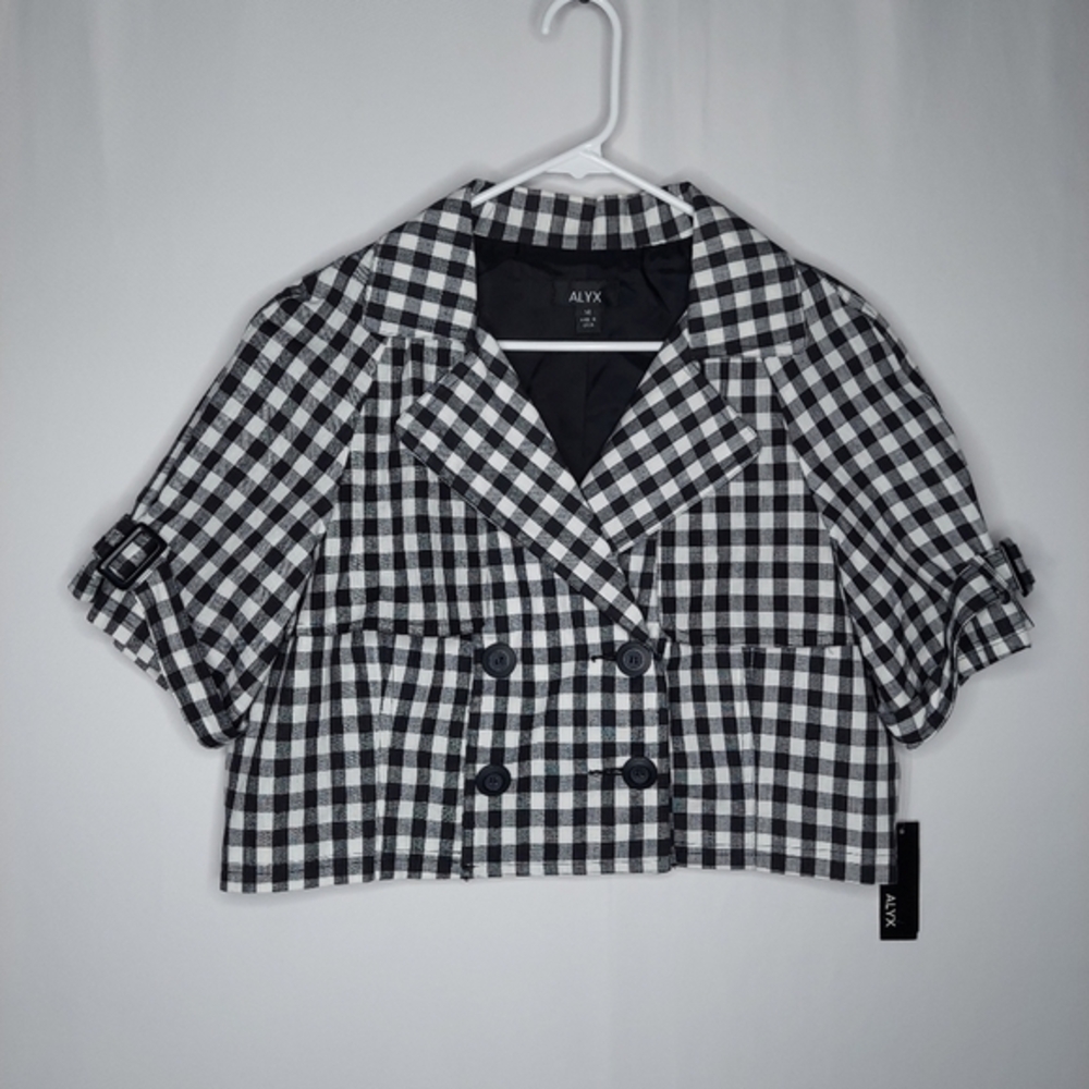 Alyx Short Sleeve Crop Jacket Womens 14 Black White Gingham Dbl-Breasted Preppy